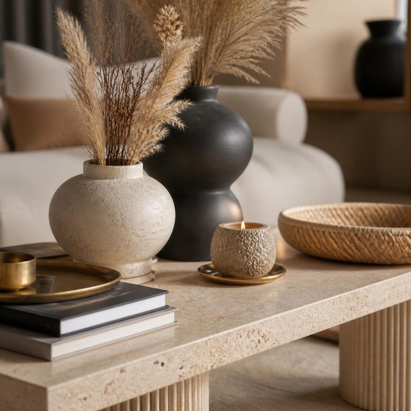 Decor accessories with vases on a travertine coffee table