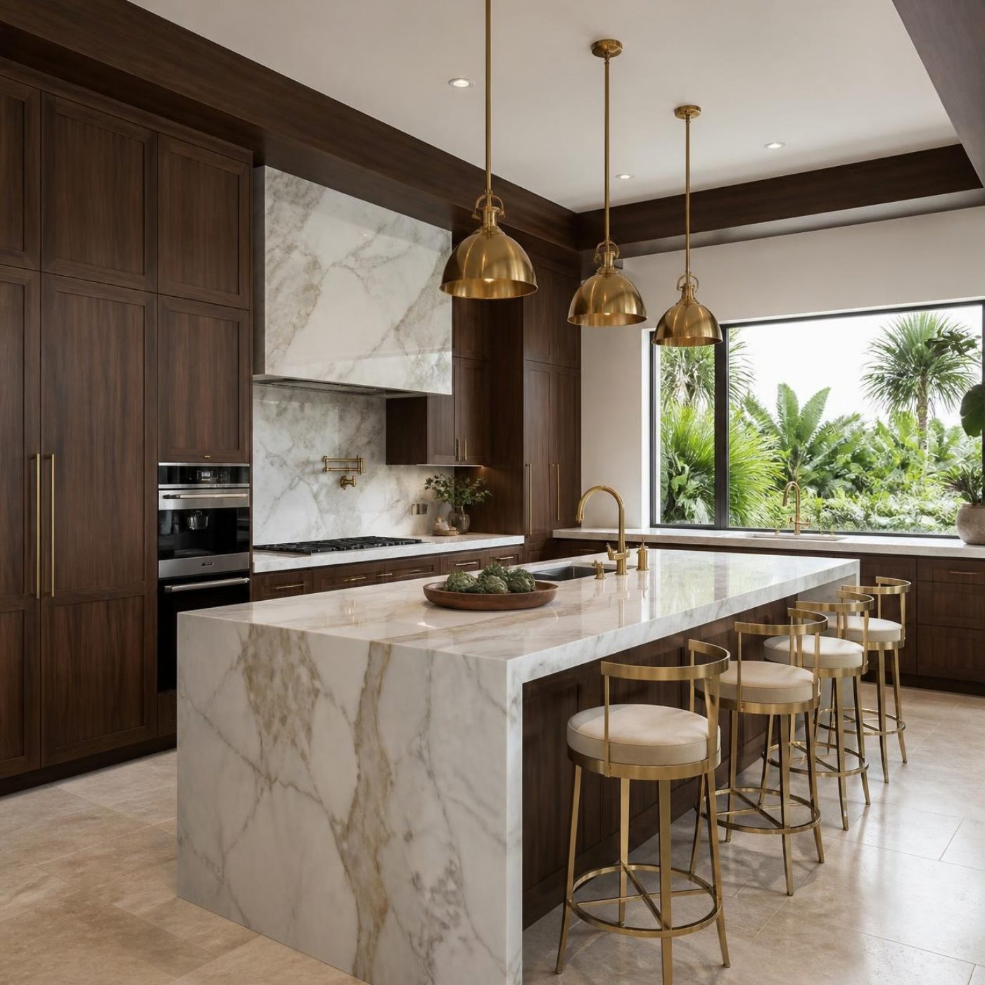 Custom kitchen with marble island and walnut cabinets