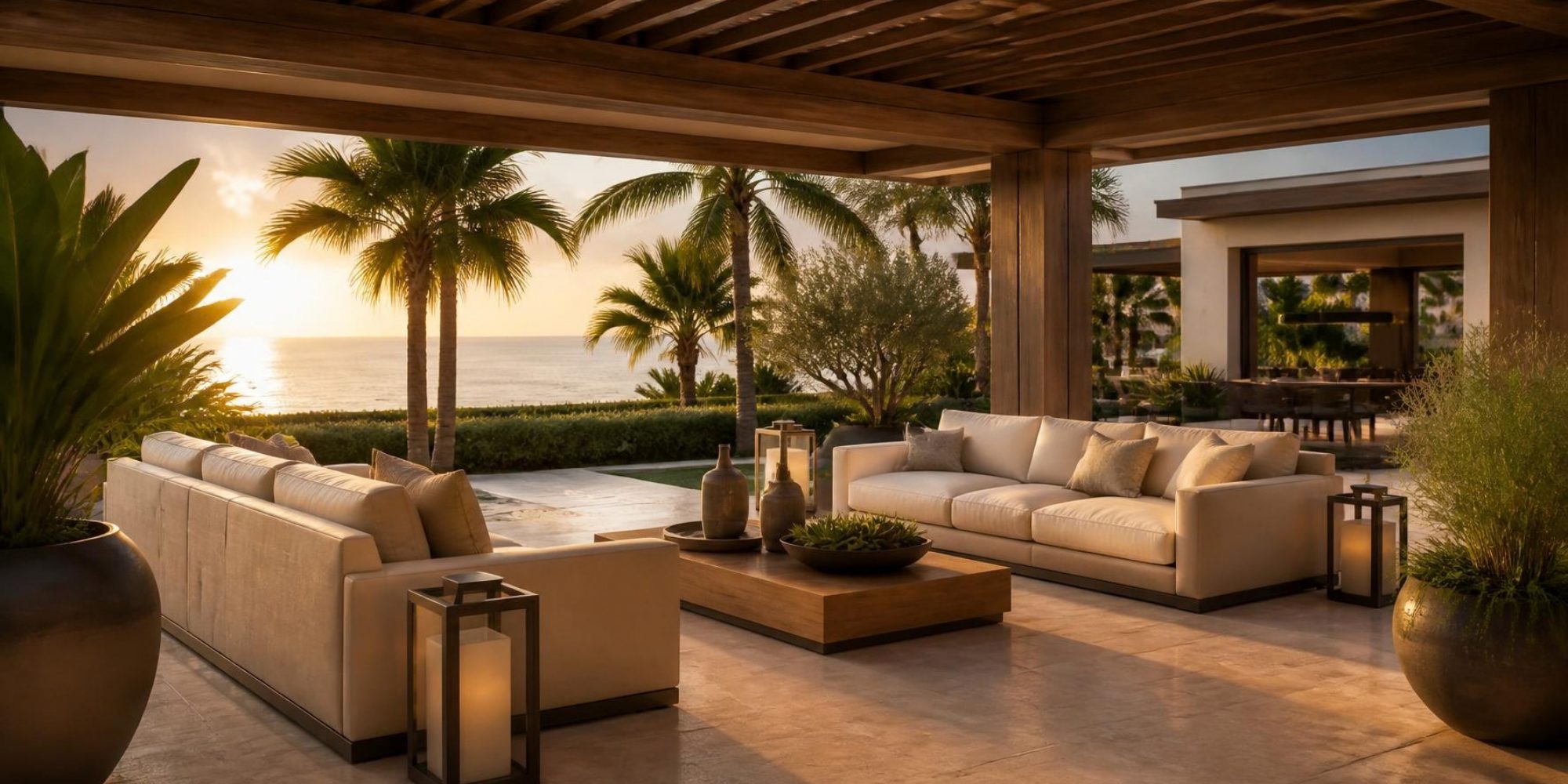 Outdoor terrace lounge with pergola and tropical plants