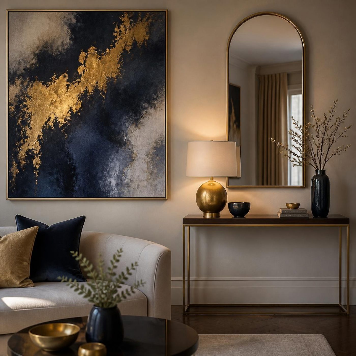 Living room wall decor with abstract art and arched mirror